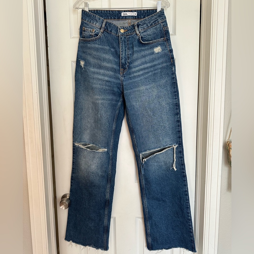 Zara Flare Raw Edge Distressed Blue Denim Jeans